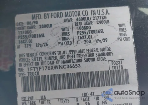 1998 Ford F-150 Lariat/Standard/Xl/Xlt from USA, damaged, VIN 1FTYF176XWNC36653